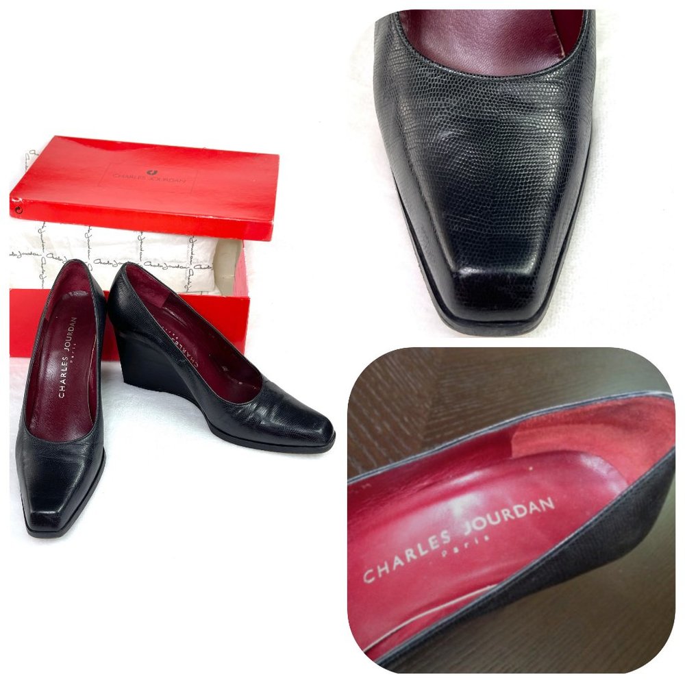 Charles Jourdan Lizard leather Black Wedge Heel
